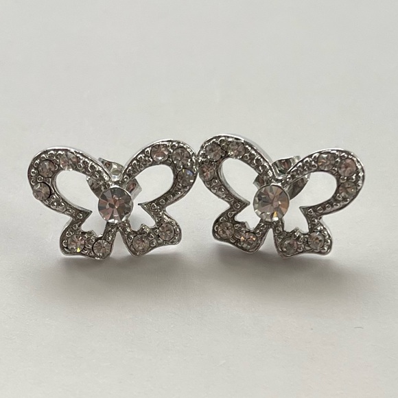 Silver bow and rhinestone earrings - Picture 1 of 4